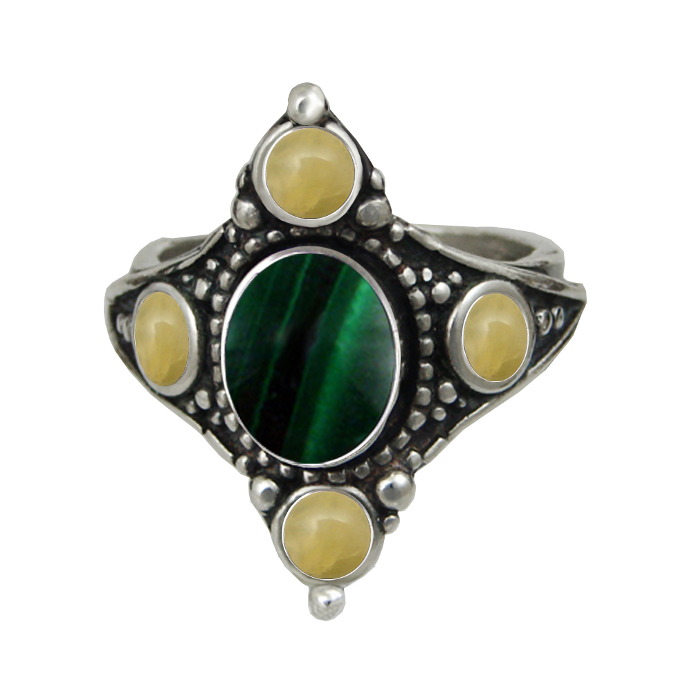 Sterling Silver Renaissance Queen's Ring With Malachite And Yellow Aragonite Size 8 Sterling Silver Renaissance Queen's Ring With Malachite And Yellow Aragonite Size 8
